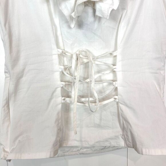 Boston Proper Blouse Vintage Top Sz 10 White Ruffle Neck Button Lace Up Corset - Picture 10 of 10